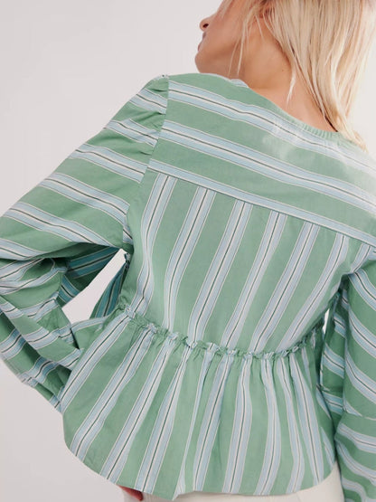 Brunch Babe Green Striped Blouse Shorts Set