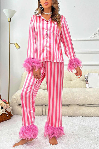 Contrast Striped Feather Splicing Loungewear