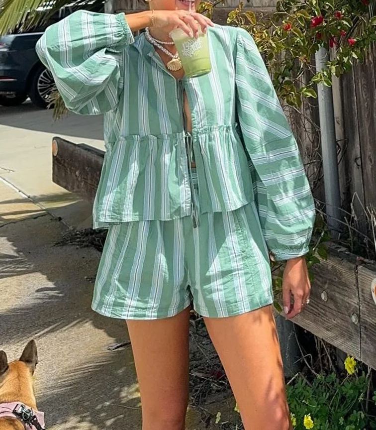 Brunch Babe Green Striped Blouse Shorts Set