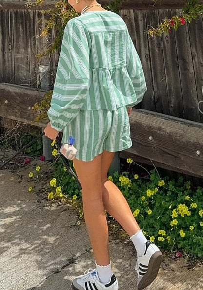 Brunch Babe Green Striped Blouse Shorts Set